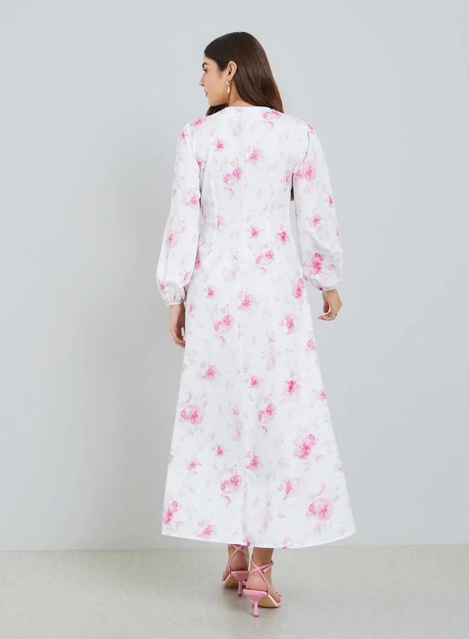 Styli Women White Floral Print Ruffle Trim Midi Dress